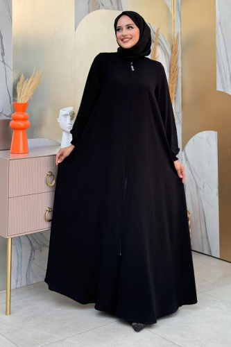 Fermuarlı Kol Manşetleri Büzgülü Mevlana Ferace 6007 Siyah - 2