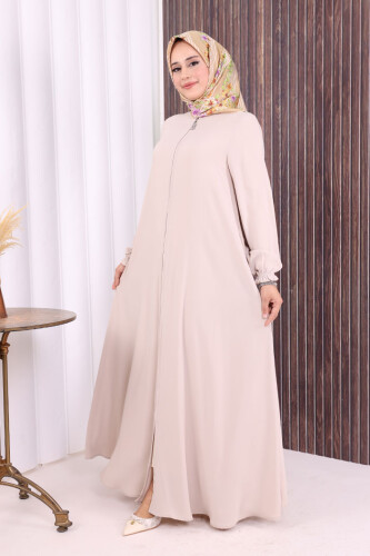 Fermuarlı Kol Manşetleri Büzgülü Mevlana Ferace 6007 Taş - 3