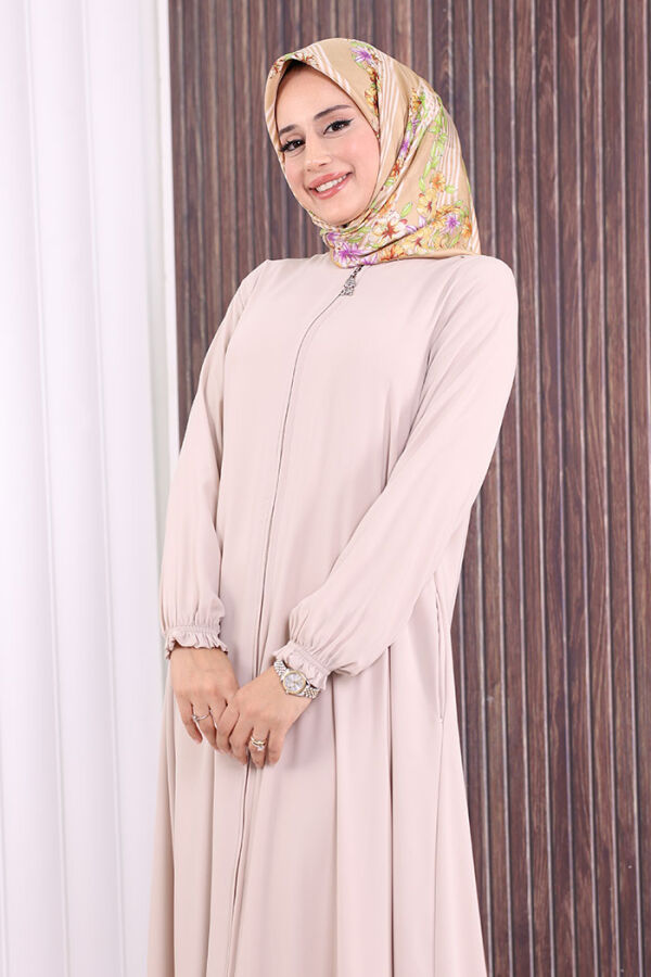 Fermuarlı Kol Manşetleri Büzgülü Mevlana Ferace 6007 Taş - 5