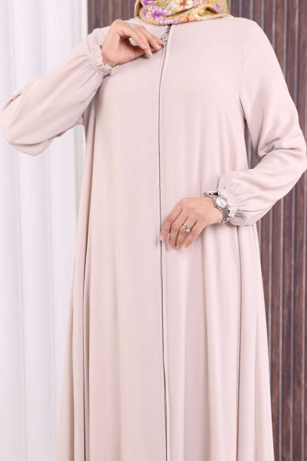 Fermuarlı Kol Manşetleri Büzgülü Mevlana Ferace 6007 Taş - 6