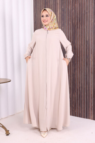 Fermuarlı Kol Manşetleri Büzgülü Mevlana Ferace 6007 Taş - Bym Fashion