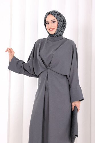 Çapraz Bağlamalı İpli Elbise 6083 Antrasit - 5