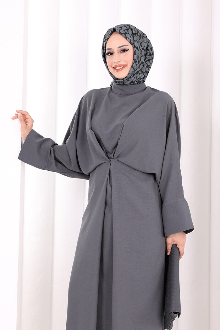 Çapraz Bağlamalı İpli Elbise 6083 Antrasit - 5