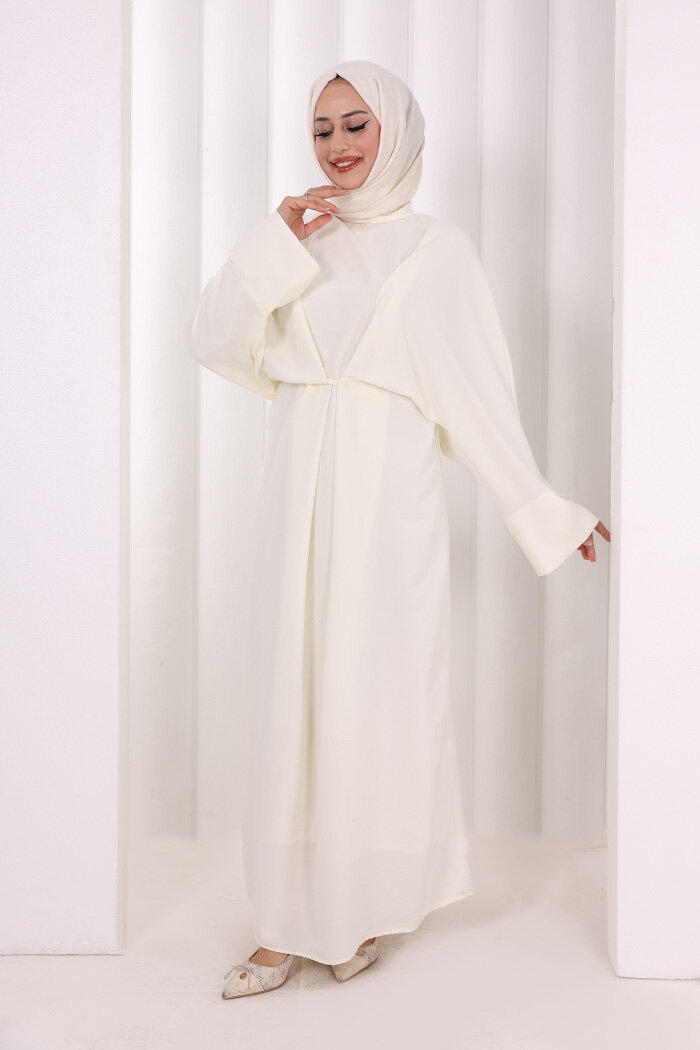 Çapraz Bağlamalı İpli Elbise 6083 Ekru - 2