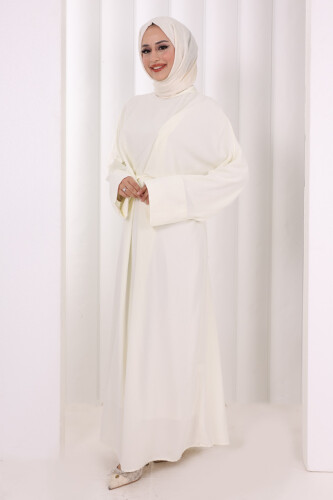 Çapraz Bağlamalı İpli Elbise 6083 Ekru - 3