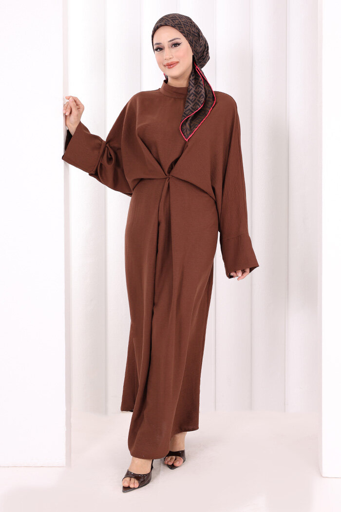 Çapraz Bağlamalı İpli Elbise 6083 Kahverengi - 1