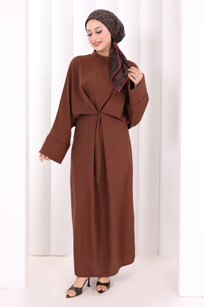 Çapraz Bağlamalı İpli Elbise 6083 Kahverengi - 2