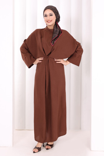 Çapraz Bağlamalı İpli Elbise 6083 Kahverengi - 3