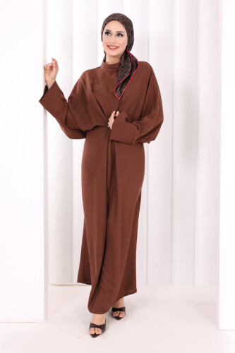 Çapraz Bağlamalı İpli Elbise 6083 Kahverengi - 4