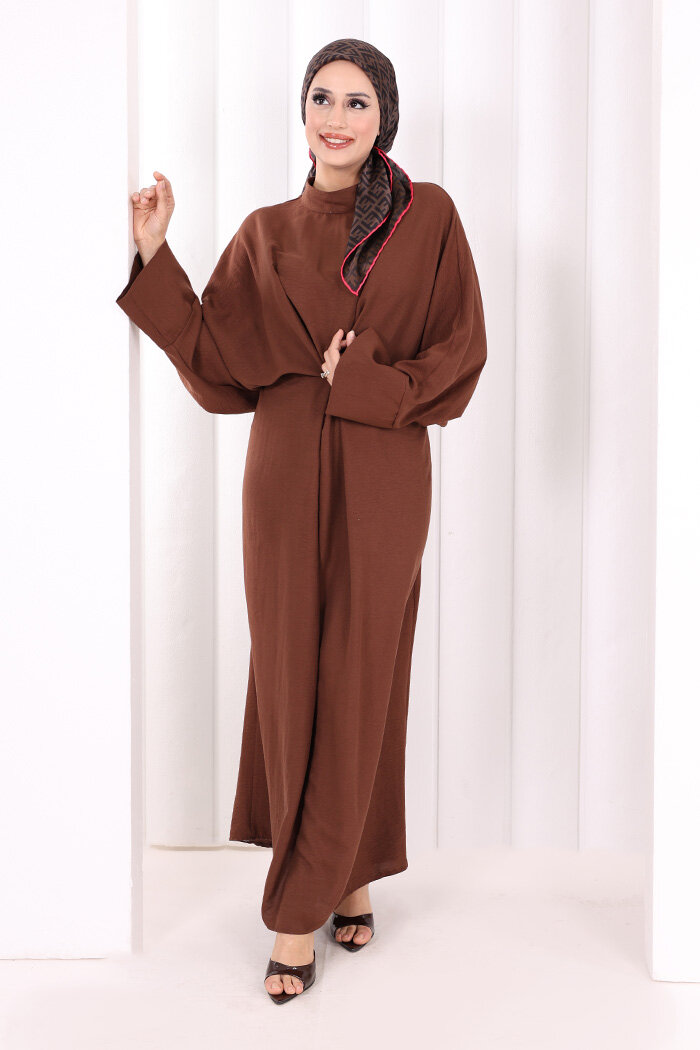 Çapraz Bağlamalı İpli Elbise 6083 Kahverengi - 4