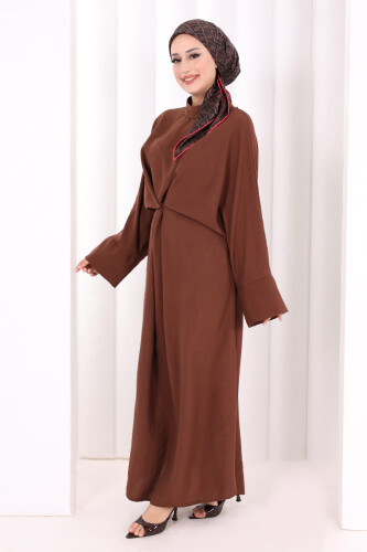 Çapraz Bağlamalı İpli Elbise 6083 Kahverengi - 5