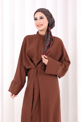 Çapraz Bağlamalı İpli Elbise 6083 Kahverengi - 7
