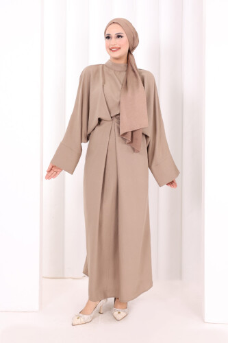 Çapraz Bağlamalı İpli Elbise 6083 Vizon