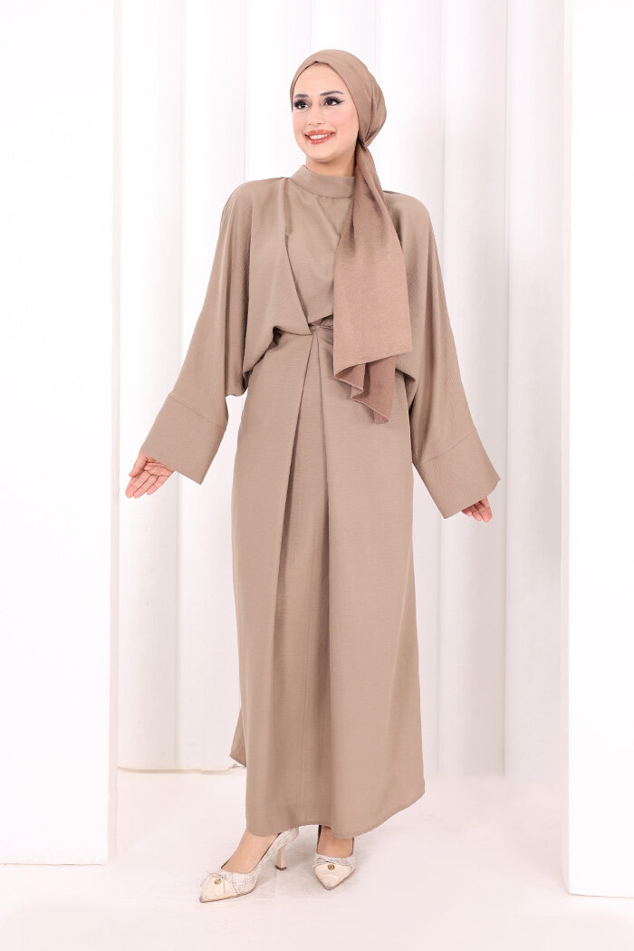 Çapraz Bağlamalı İpli Elbise 6083 Vizon - 1