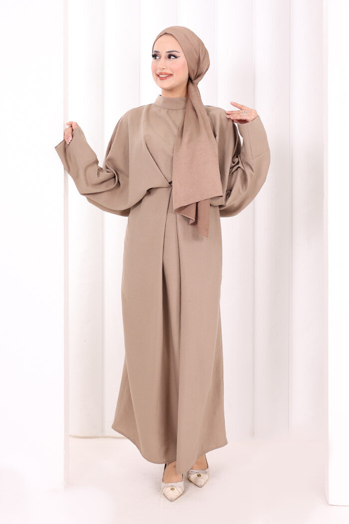 Çapraz Bağlamalı İpli Elbise 6083 Vizon - 2