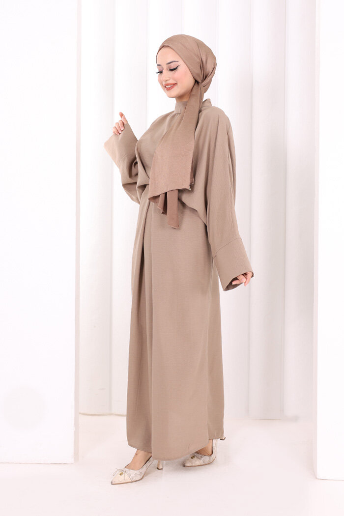 Çapraz Bağlamalı İpli Elbise 6083 Vizon - 3