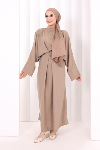 Çapraz Bağlamalı İpli Elbise 6083 Vizon - 4