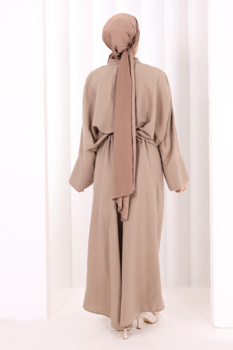 Çapraz Bağlamalı İpli Elbise 6083 Vizon - 5