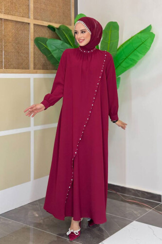 Çapraz Parça Görünümlü İncili Büyük Beden Elbise 3879-1 Bordo - Bym Fashion