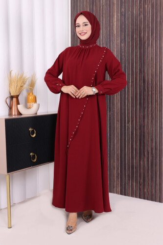 Çapraz Parça Görünümlü İncili Elbise 3879 Bordo 