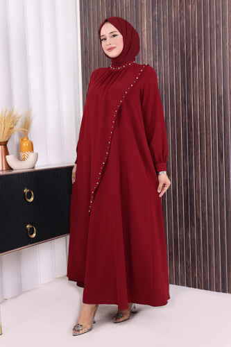 Çapraz Parça Görünümlü İncili Elbise 3879 Bordo - 2