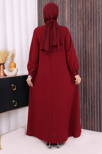 Çapraz Parça Görünümlü İncili Elbise 3879 Bordo - 3