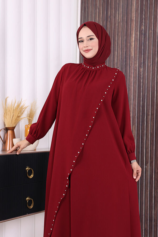 Çapraz Parça Görünümlü İncili Elbise 3879 Bordo - 4