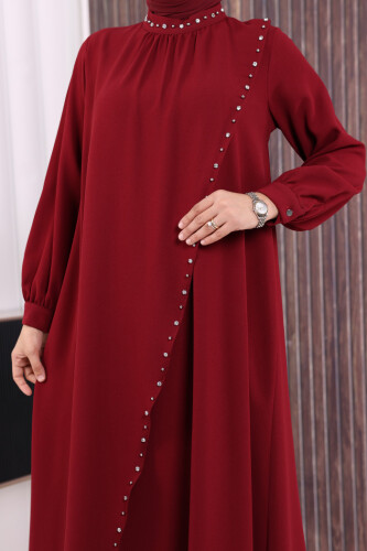 Çapraz Parça Görünümlü İncili Elbise 3879 Bordo - 5