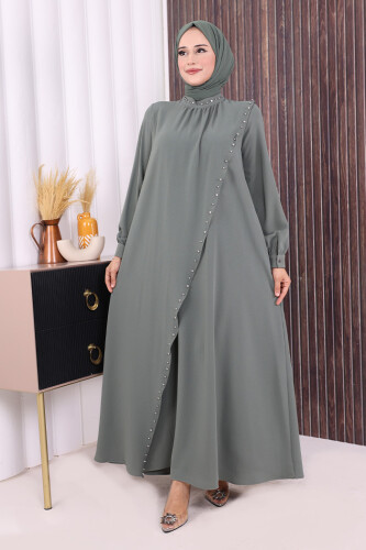 Çapraz Parça Görünümlü İncili Elbise 3879 Mint 