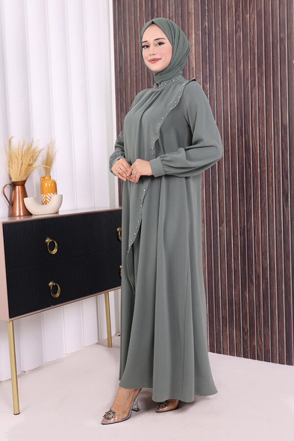 Çapraz Parça Görünümlü İncili Elbise 3879 Mint - 2