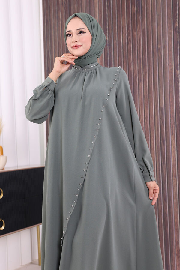 Çapraz Parça Görünümlü İncili Elbise 3879 Mint - 4