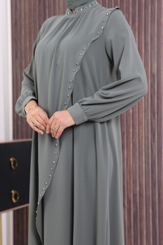 Çapraz Parça Görünümlü İncili Elbise 3879 Mint - 5