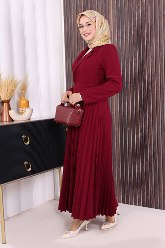 Ceket Görünümlü Eteği Piliseli Elbise 3700 Bordo - 3
