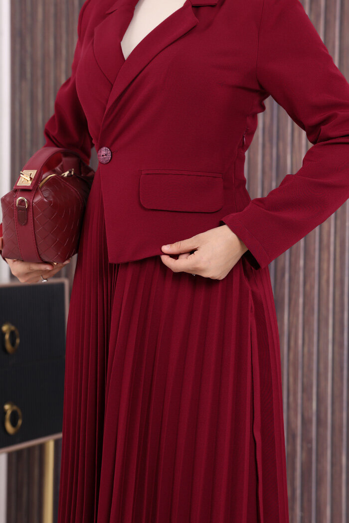 Ceket Görünümlü Eteği Piliseli Elbise 3700 Bordo - 6