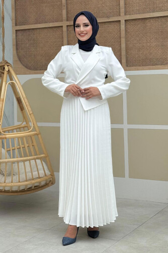 Ceket Görünümlü Eteği Piliseli Elbise 3700 Ekru - Bym Fashion