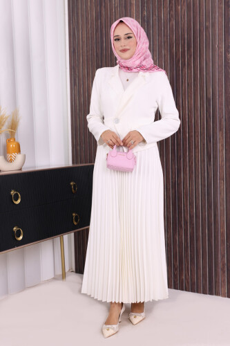 Ceket Görünümlü Eteği Piliseli Elbise 3700 Ekru 