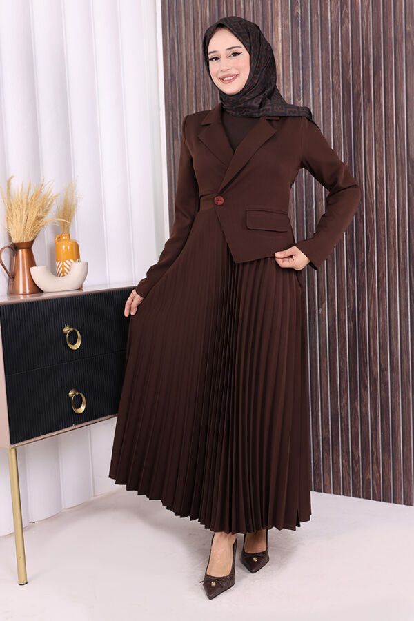Ceket Görünümlü Eteği Piliseli Elbise 3700 Kahverengi - 1