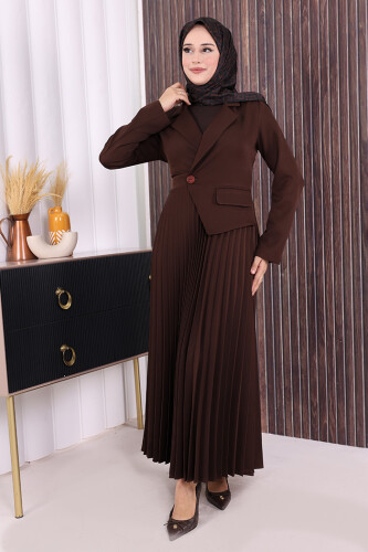 Ceket Görünümlü Eteği Piliseli Elbise 3700 Kahverengi - 3