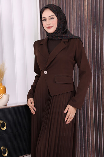 Ceket Görünümlü Eteği Piliseli Elbise 3700 Kahverengi - 5