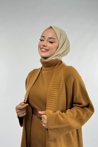 Cep Detaylı Triko Hırka 18313 Taba - 4