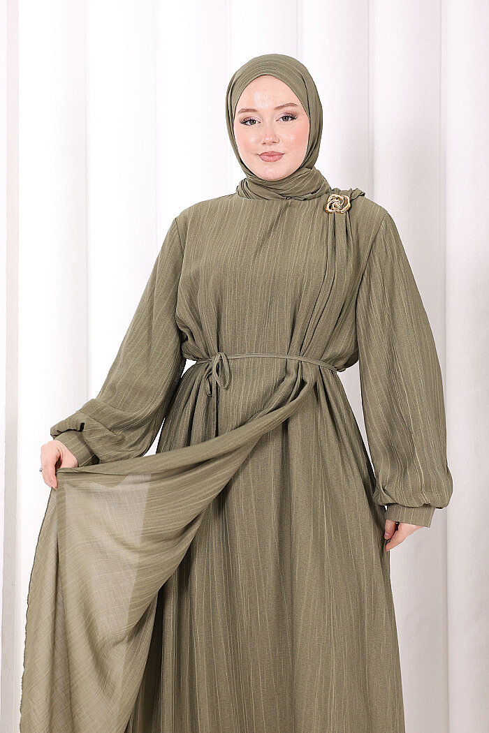 Çiçek Broş  Detaylı Elbise 6094 Haki - 5