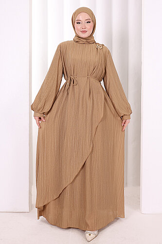 Çiçek Broş  Detaylı Elbise 6094 Taba