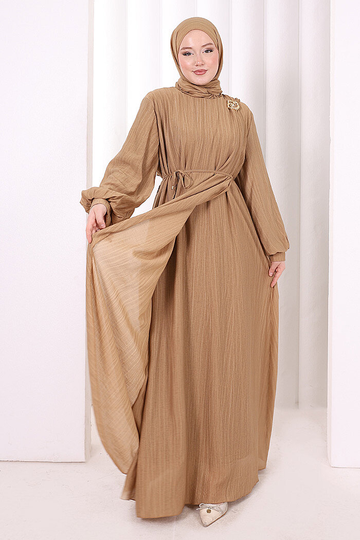 Çiçek Broş  Detaylı Elbise 6094 Taba - 2