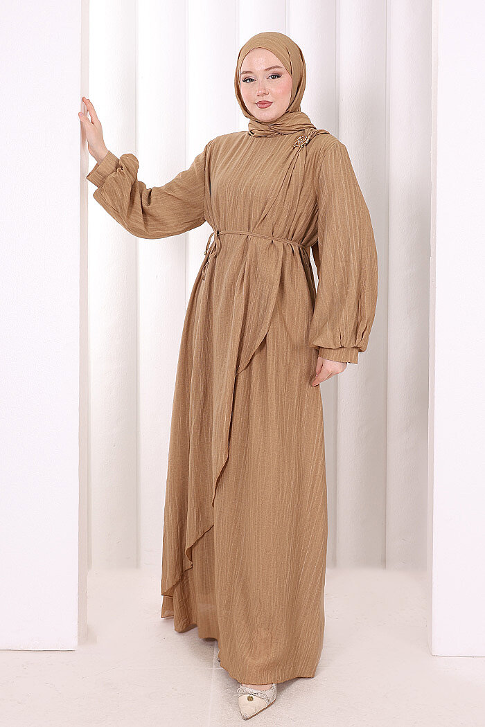 Çiçek Broş  Detaylı Elbise 6094 Taba - 3