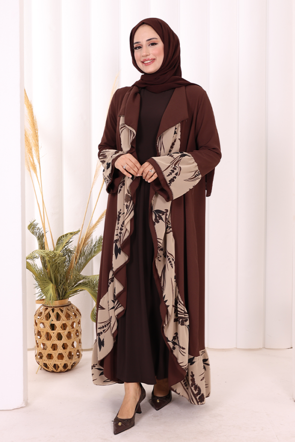 Çiçek Desenli Fırfırlı Abaya 7908 Kahverengi - 1