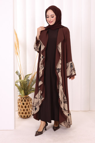 Çiçek Desenli Fırfırlı Abaya 7908 Kahverengi - 2
