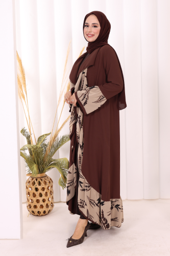 Çiçek Desenli Fırfırlı Abaya 7908 Kahverengi - 3