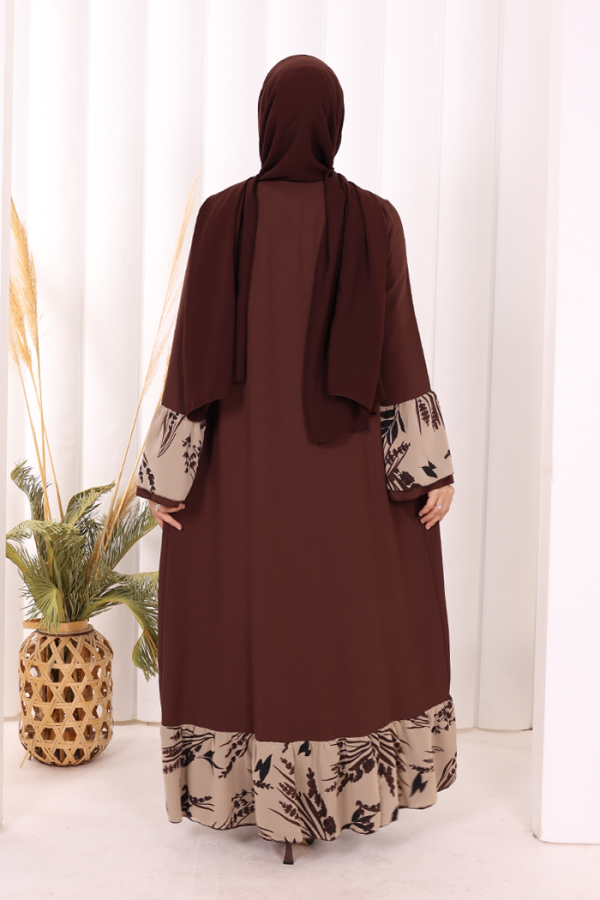 Çiçek Desenli Fırfırlı Abaya 7908 Kahverengi - 4