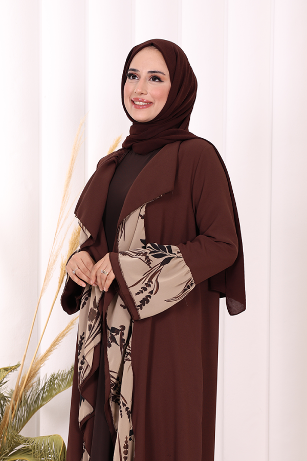 Çiçek Desenli Fırfırlı Abaya 7908 Kahverengi - 5