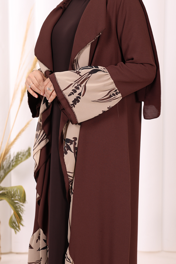 Çiçek Desenli Fırfırlı Abaya 7908 Kahverengi - 6